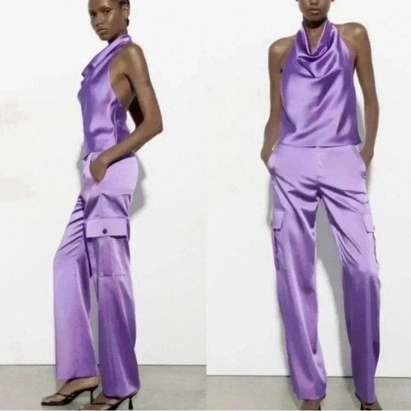 ZARA Satin Cargo Lightweight Trousers in Purple 💜 Small NWT - Picture 1 of 7